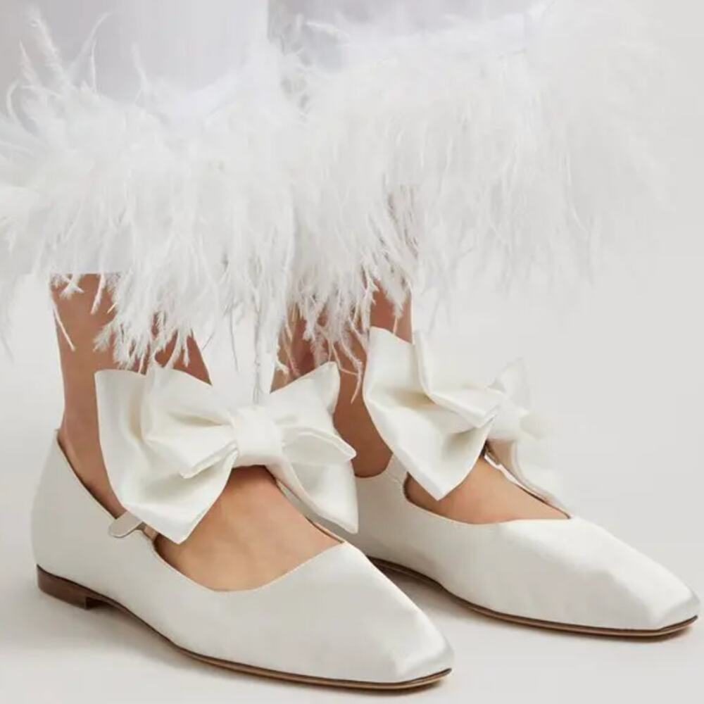 Sleeper Aristocat Bow Embellished Satin White Mary Jane Flats